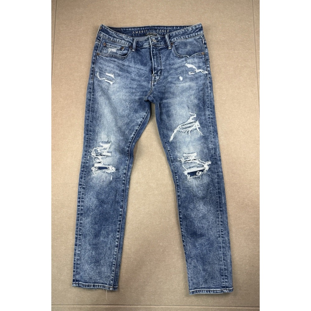 American Eagle Jeans Mens 34 Blue Skinny Destroyed Mid Rise Faded Air Flex Denim